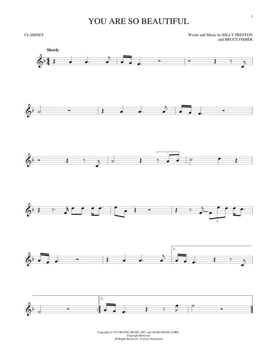 You Are So Beautiful Clarinet Solo scores gallery preview page 1