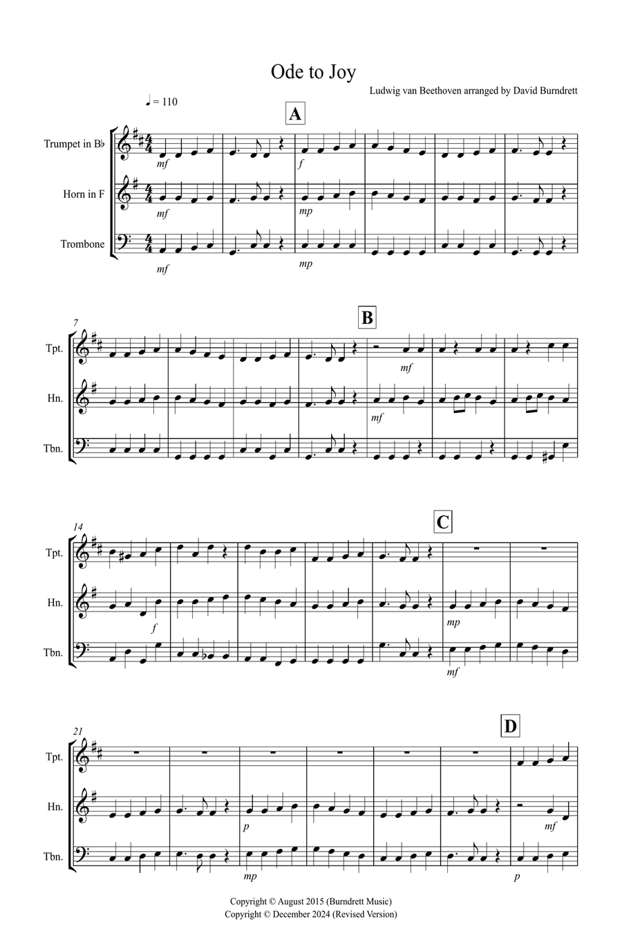 Ode to Joy for Trumpet, Horn and Trombone Trio Brass Trio scores gallery preview page 1