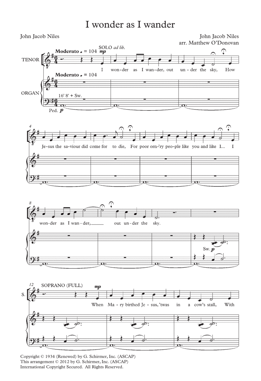 I Wonder As I Wander (arr. Matthew O'Donovan) 4-Part scores gallery preview page 1