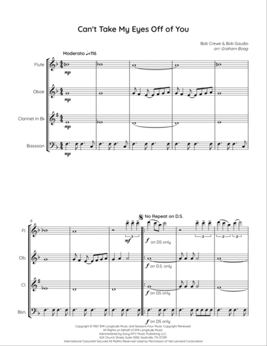 Can't Take My Eyes Off Of You Woodwind Quartet scores gallery preview page 3
