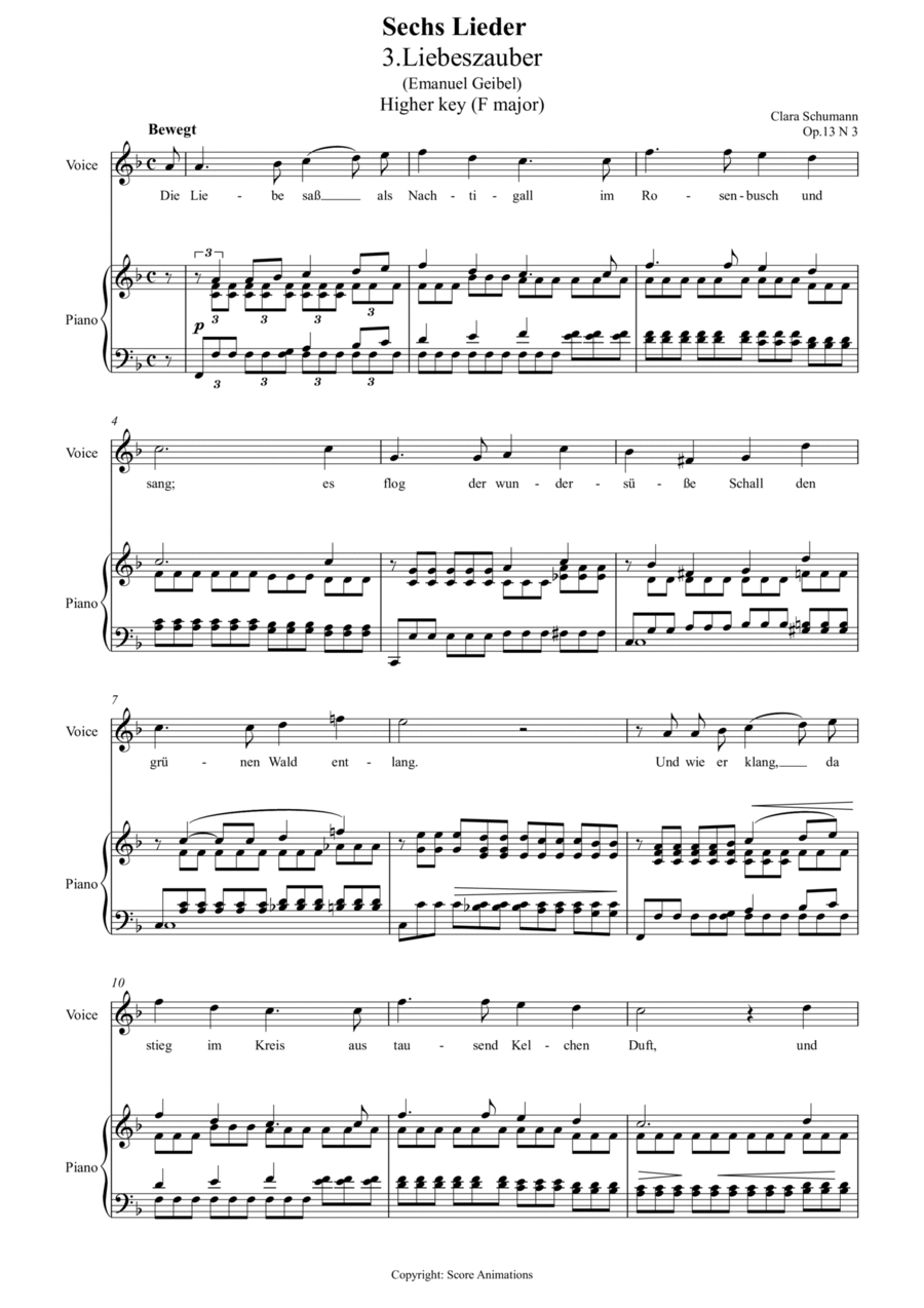Liebeszauber Op 13 N3 in F major (Higher key) Voice scores gallery preview page 1