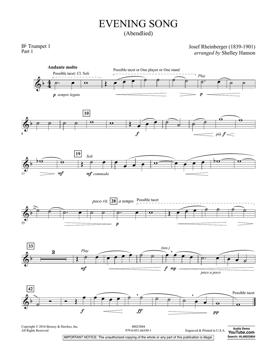Evening Song (Abendlied) - Pt.1 - Bb Trumpet 1 Concert Band scores gallery preview page 1