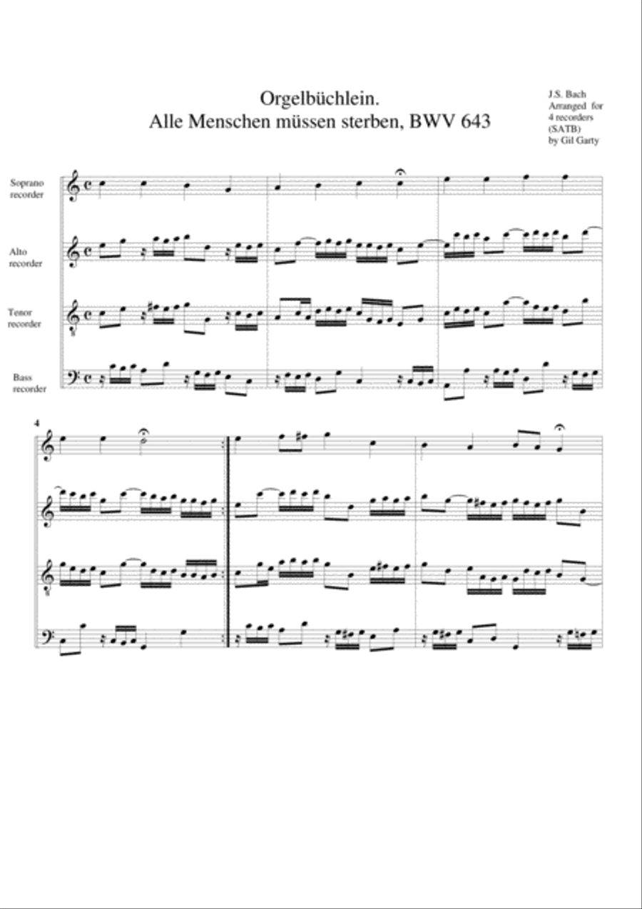 Alle Menschen muessen sterben, BWV 643 from Orgelbuechlein (arrangement for 4 recorders) Recorder scores gallery preview page 1