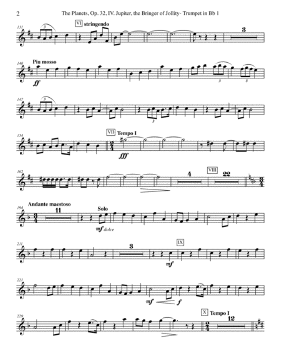 Holst The Planets, IV. Jupiter, the Bringer of Jollity - Trumpet in Bb 1 (Transposed Part), Op. 32 B-Flat Trumpet scores gallery preview page 2
