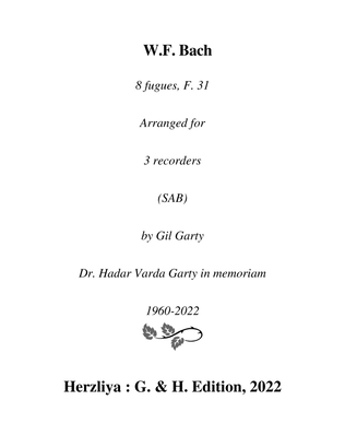 Book cover for 8 fugues, F. 31 (arrangements for 3 recorders (SAB))