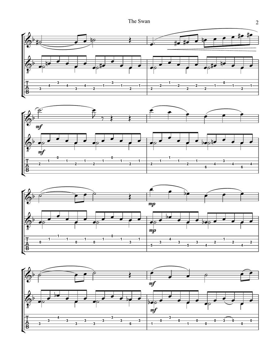 The Swan / Le cygne for violin or flute and easy guitar (+TAB) Flute scores gallery preview page 2