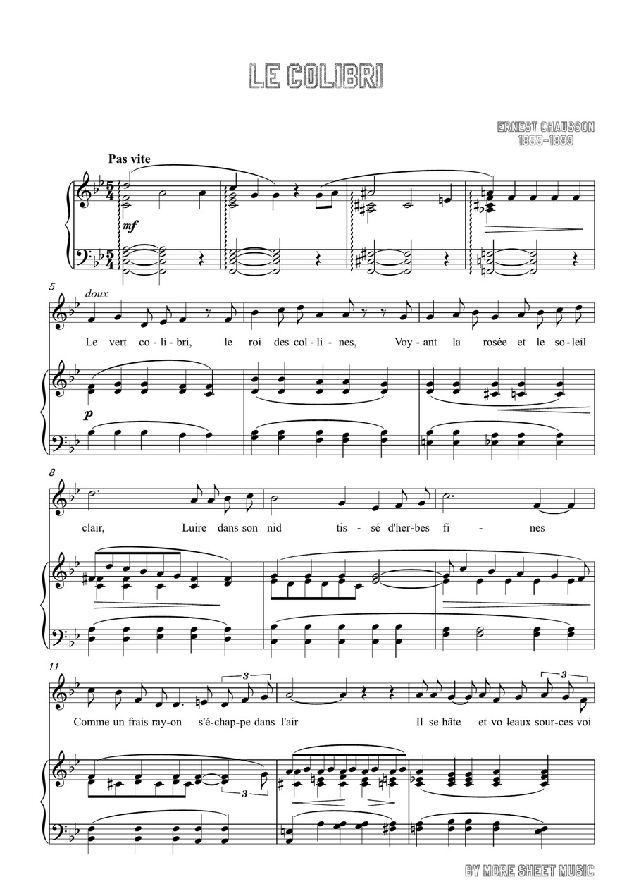 Chausson-Le colibri in B flat Major,for voice and piano Piano, Vocal scores gallery preview page 3