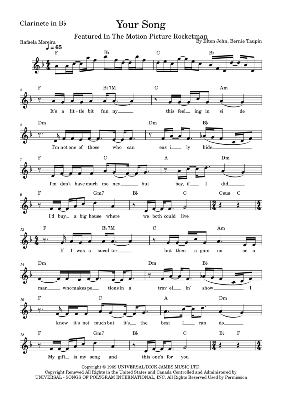 Your Song B-Flat Clarinet scores gallery preview page 1
