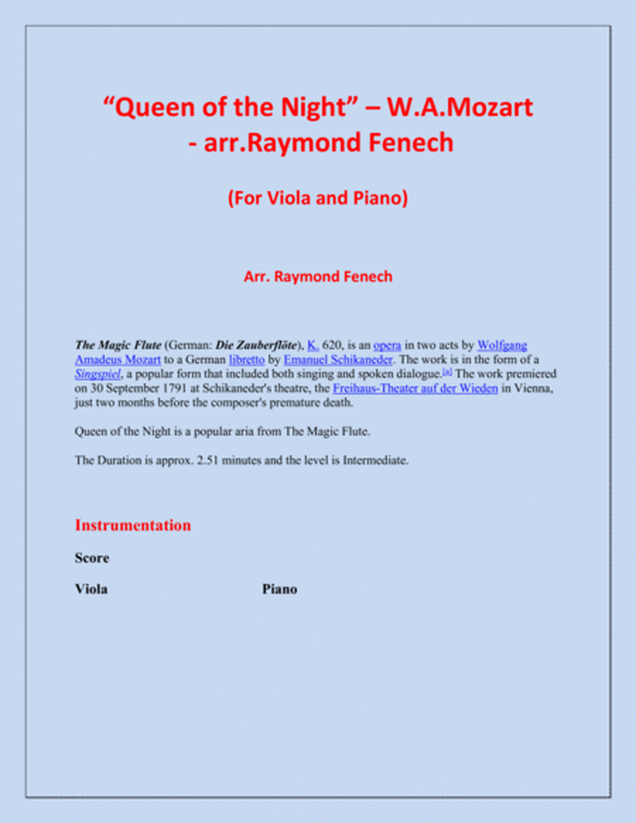 Queen of the Night - From the Magic Flute - Viola and Piano image number null
