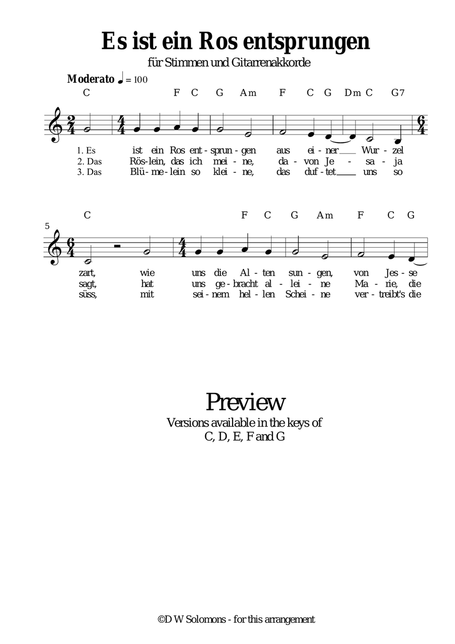 Es ist ein' Ros' entsprungen (voice and guitar chords) Classical Guitar scores gallery preview page 1