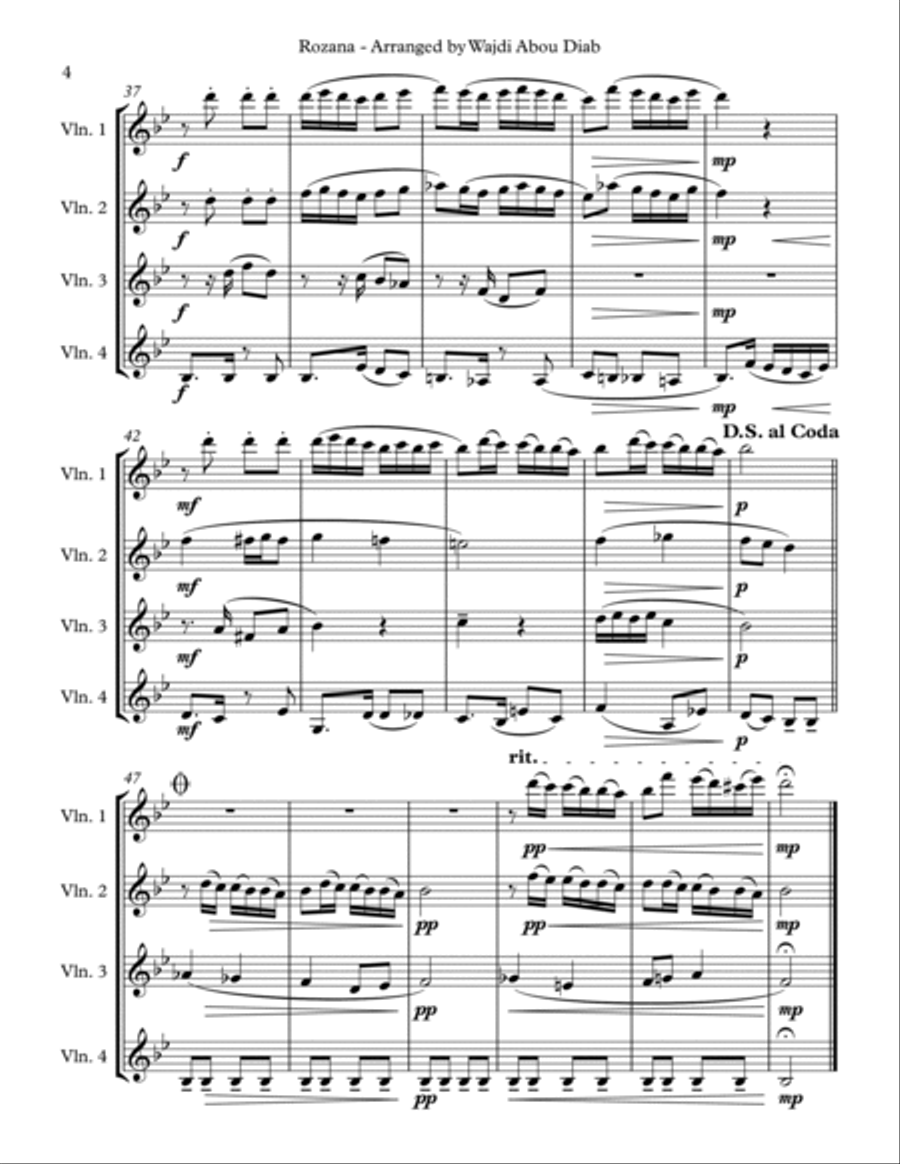 AL ROZANA (arabic song) - Violin quartet String Quartet scores gallery preview page 4