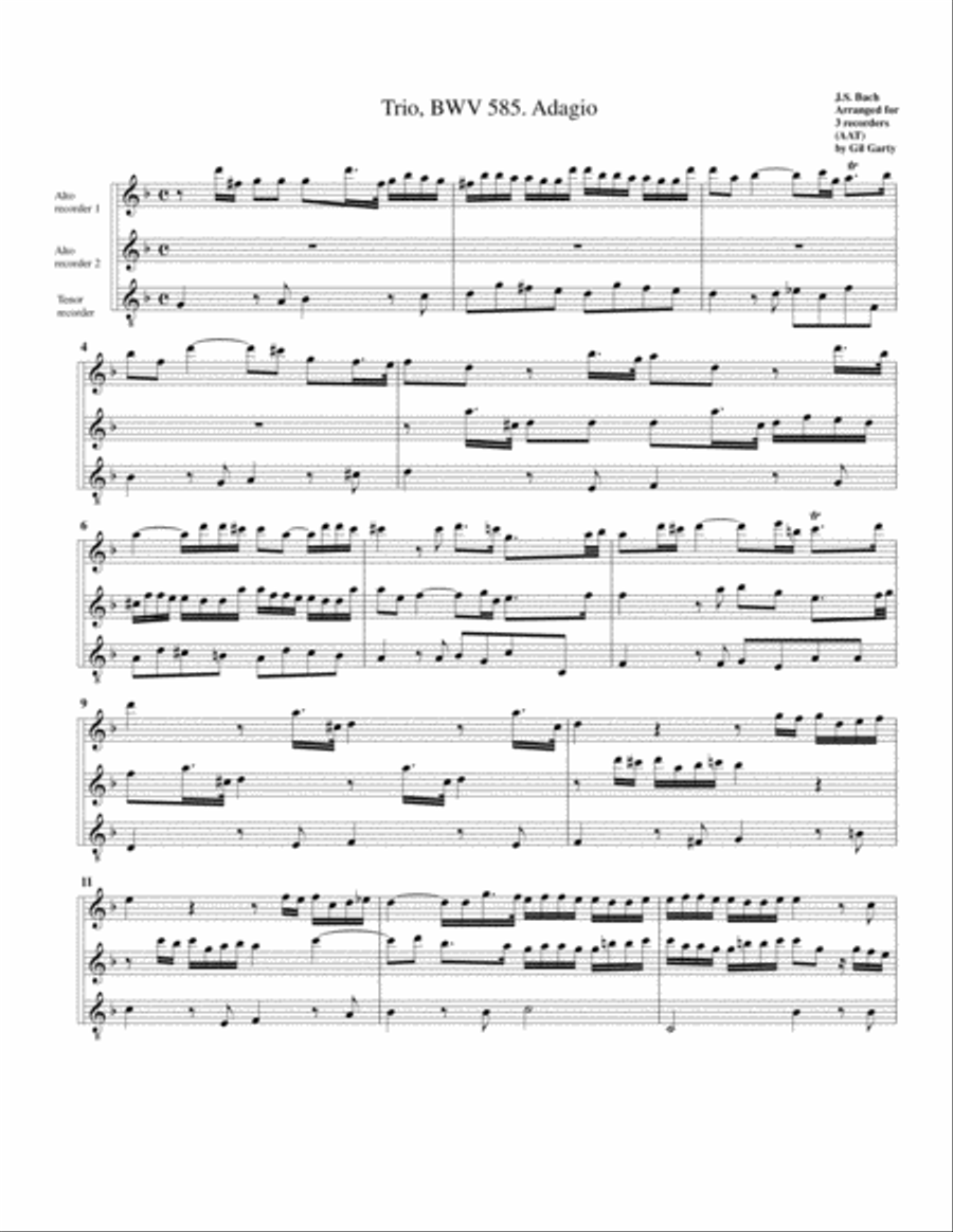 Trio for organ, BWV 585 (arrangement for 3 recorders) Recorder scores gallery preview page 1