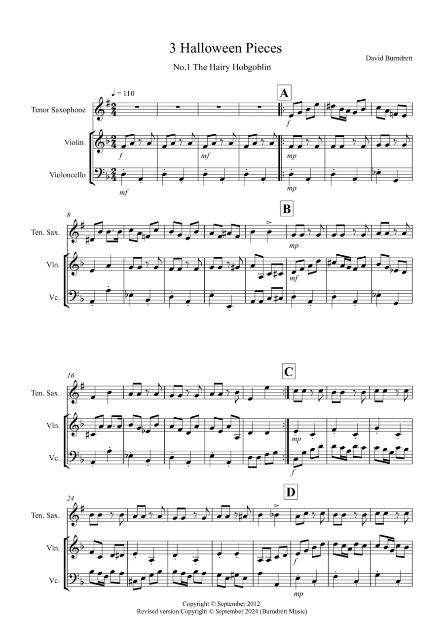 3 Halloween Pieces for Tenor Saxophone, Violin and Cello Trio Small Ensemble scores gallery preview page 1