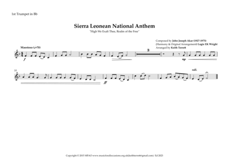 Sierra Leonean National Anthem "High We Exalt Thee, Realm of the Free'' for Brass Quintet image number null