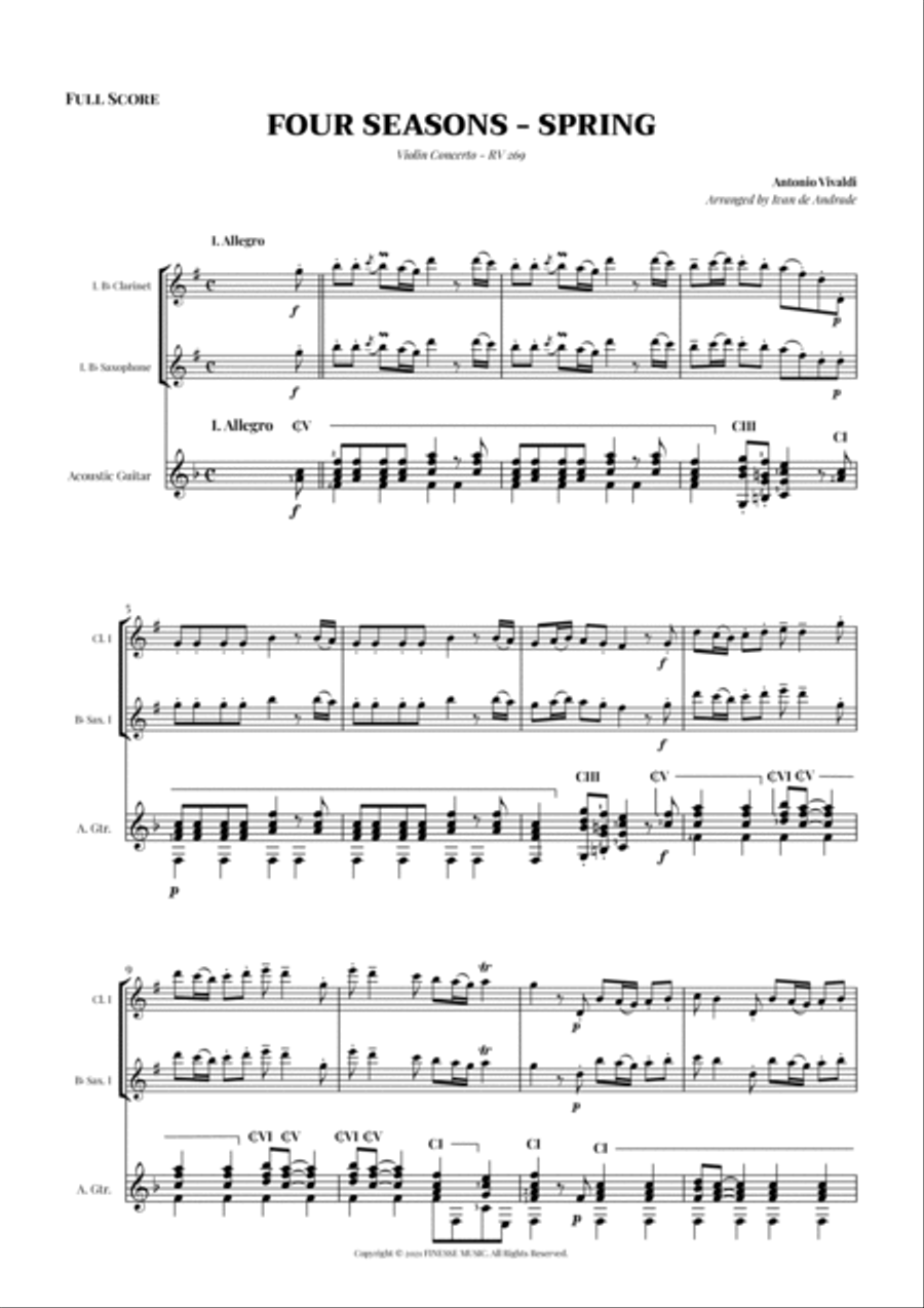 TRIO - Four Seasons Spring (Allegro) for Bb CLARINET, Bb SAX and ACOUSTIC GUITAR - F Major Small Ensemble scores gallery preview page 3
