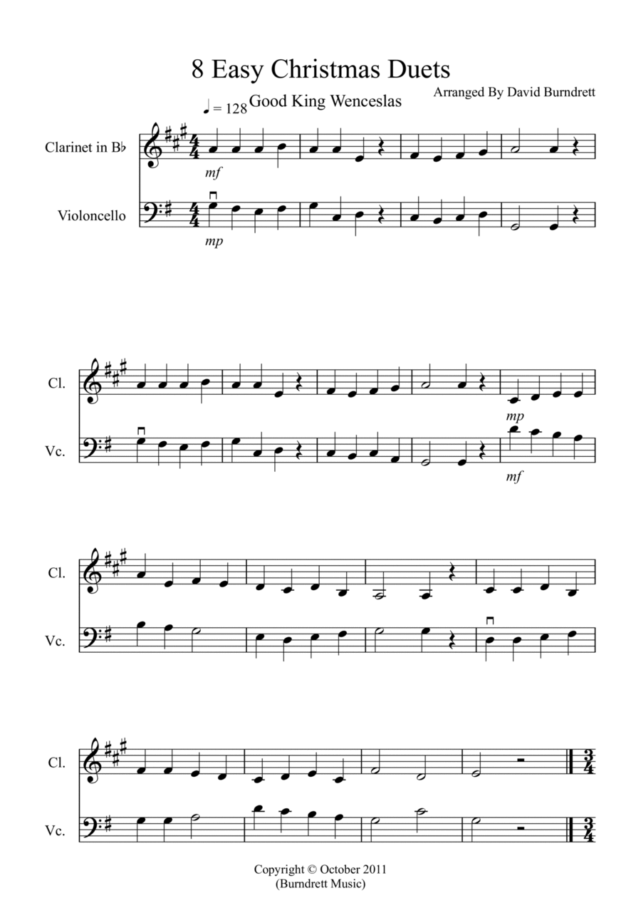 8 Easy Christmas Duets for Clarinet and Cello B-Flat Clarinet scores gallery preview page 1