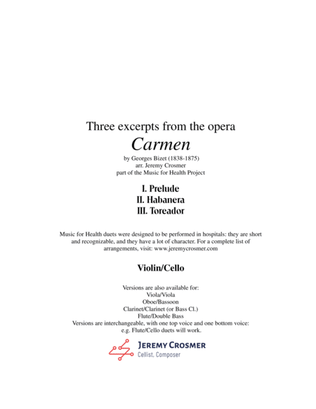 Book cover for Bizet: "Prelude, Habanera, and Toreador" from Carmen - Music for Health Duet Violin/Cello