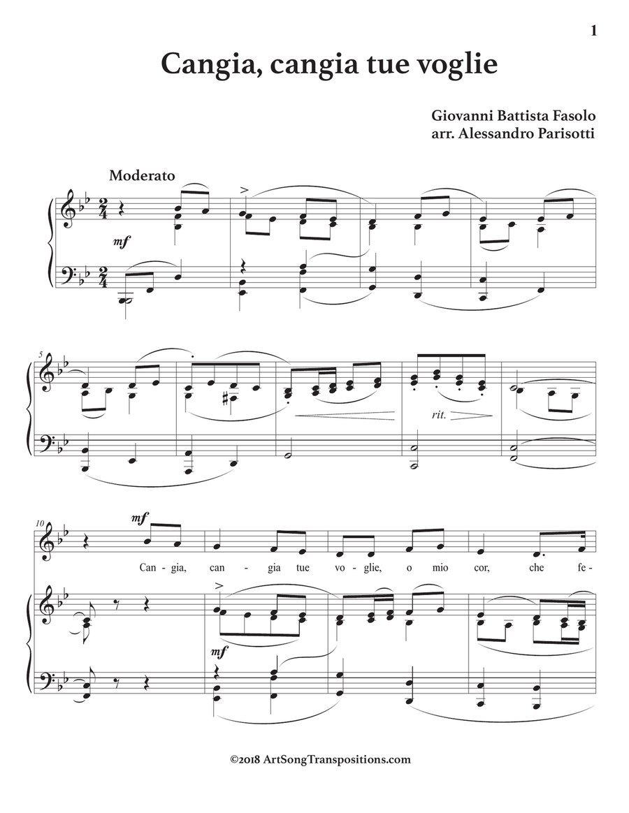 FASOLO: Cangia, cangia tue voglie (transposed to B-flat major) Piano, Vocal scores gallery preview page 2