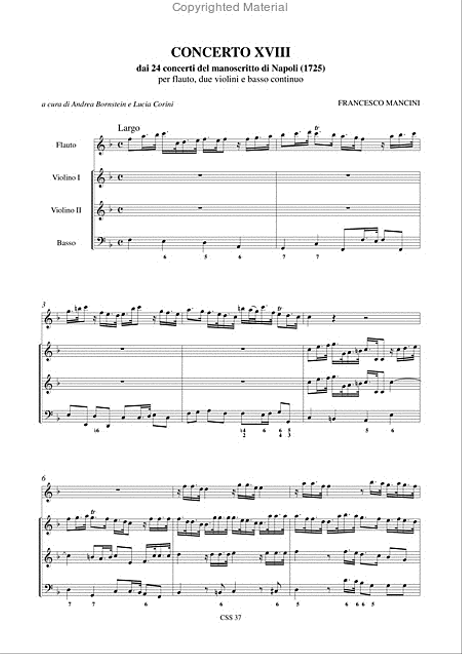 Concerto No. 18 from the 24 Concertos in the Naples manuscript (1725) for Treble Recorder (Flute), 2 Violins and Continuo Flute scores gallery preview page 2
