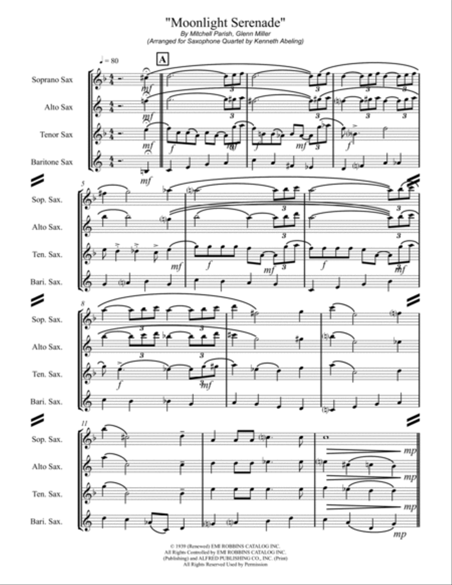 Moonlight Serenade Saxophone Quartet scores gallery preview page 2