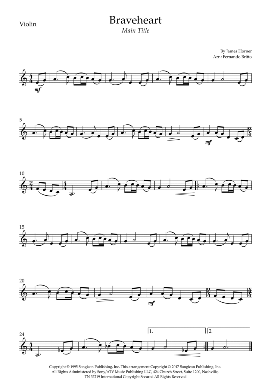 Braveheart - Main Title Violin Solo scores gallery preview page 1
