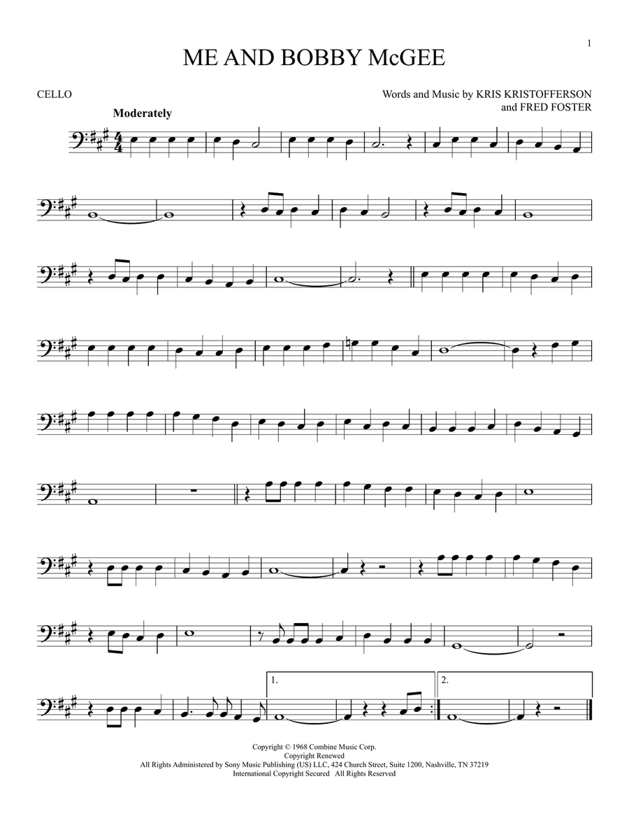 Me And Bobby McGee Cello Solo scores gallery preview page 1