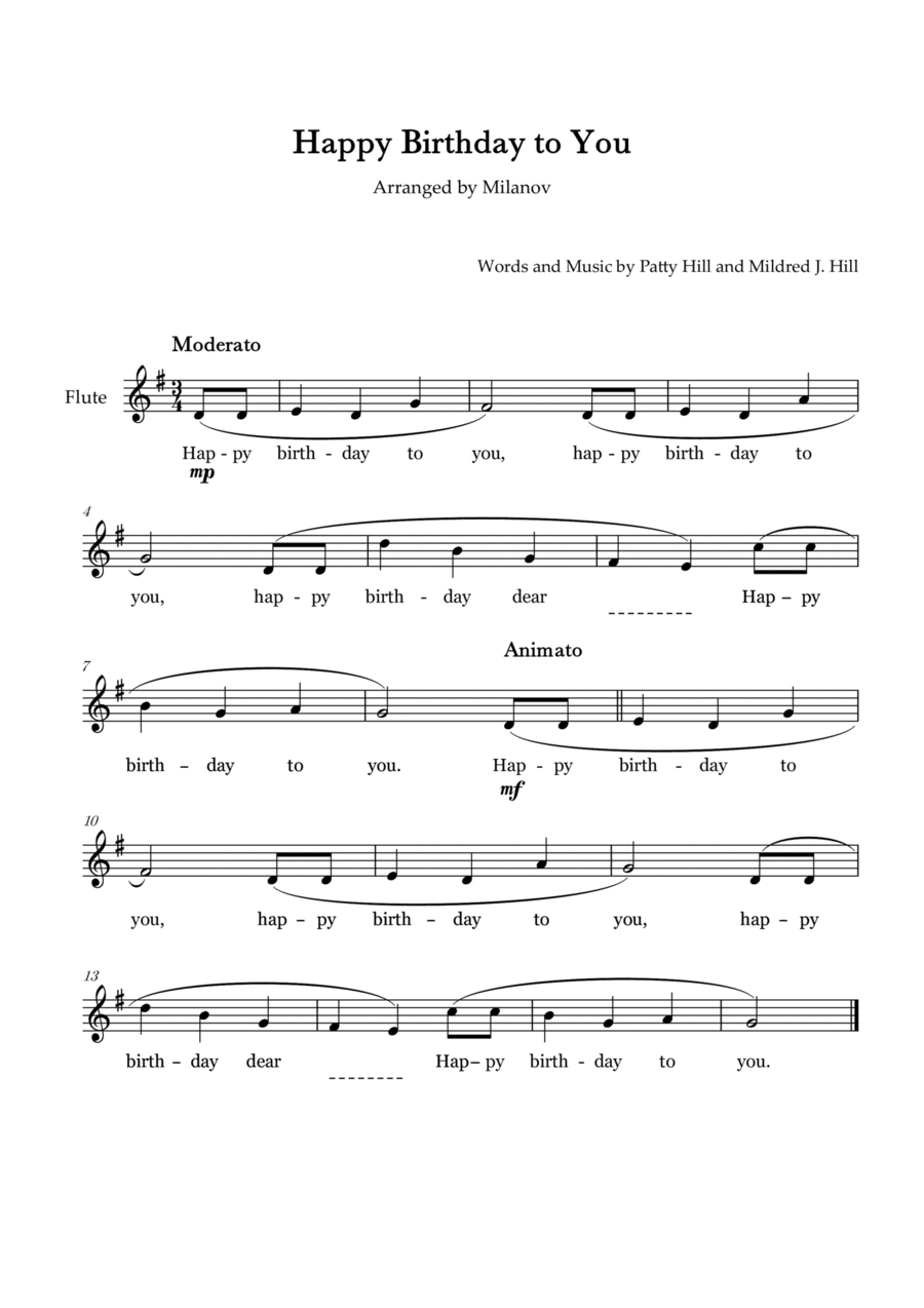 Happy Birthday to You in G Flute Lyrics Flute Solo scores gallery preview page 1