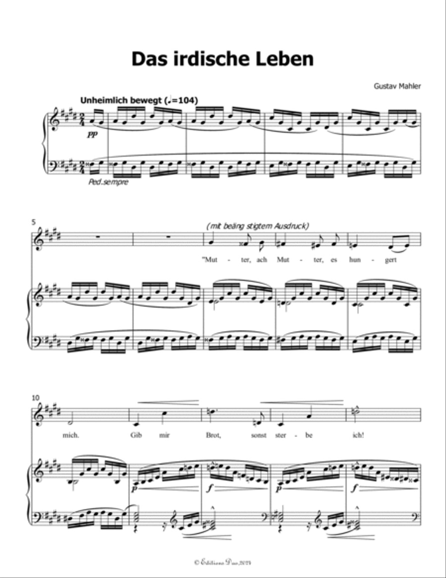 Das irdische Leben, by Mahler, in E Major Piano, Vocal scores gallery preview page 3