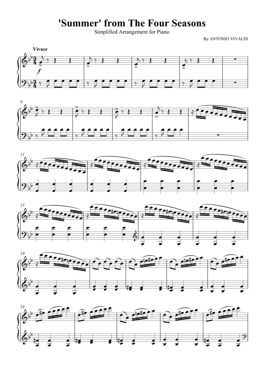 Summer from 'The Four Seasons' (Simplified, Solo Piano) Piano Solo scores gallery preview page 1