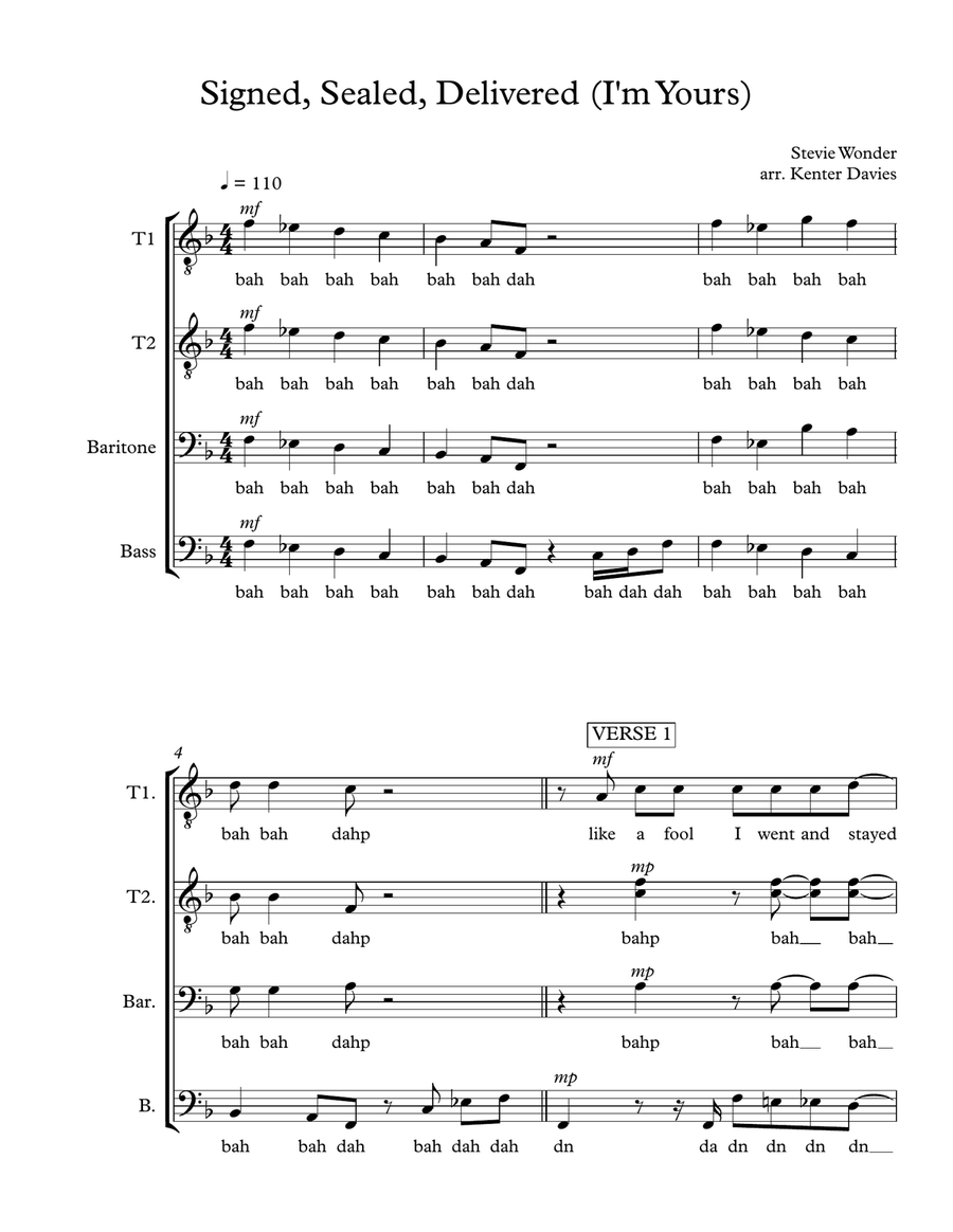 Signed, Sealed, Delivered I'm Yours TTBB scores gallery preview page 1