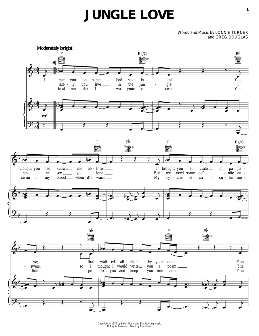 Jungle Love Piano, Vocal, Guitar scores gallery preview page 1