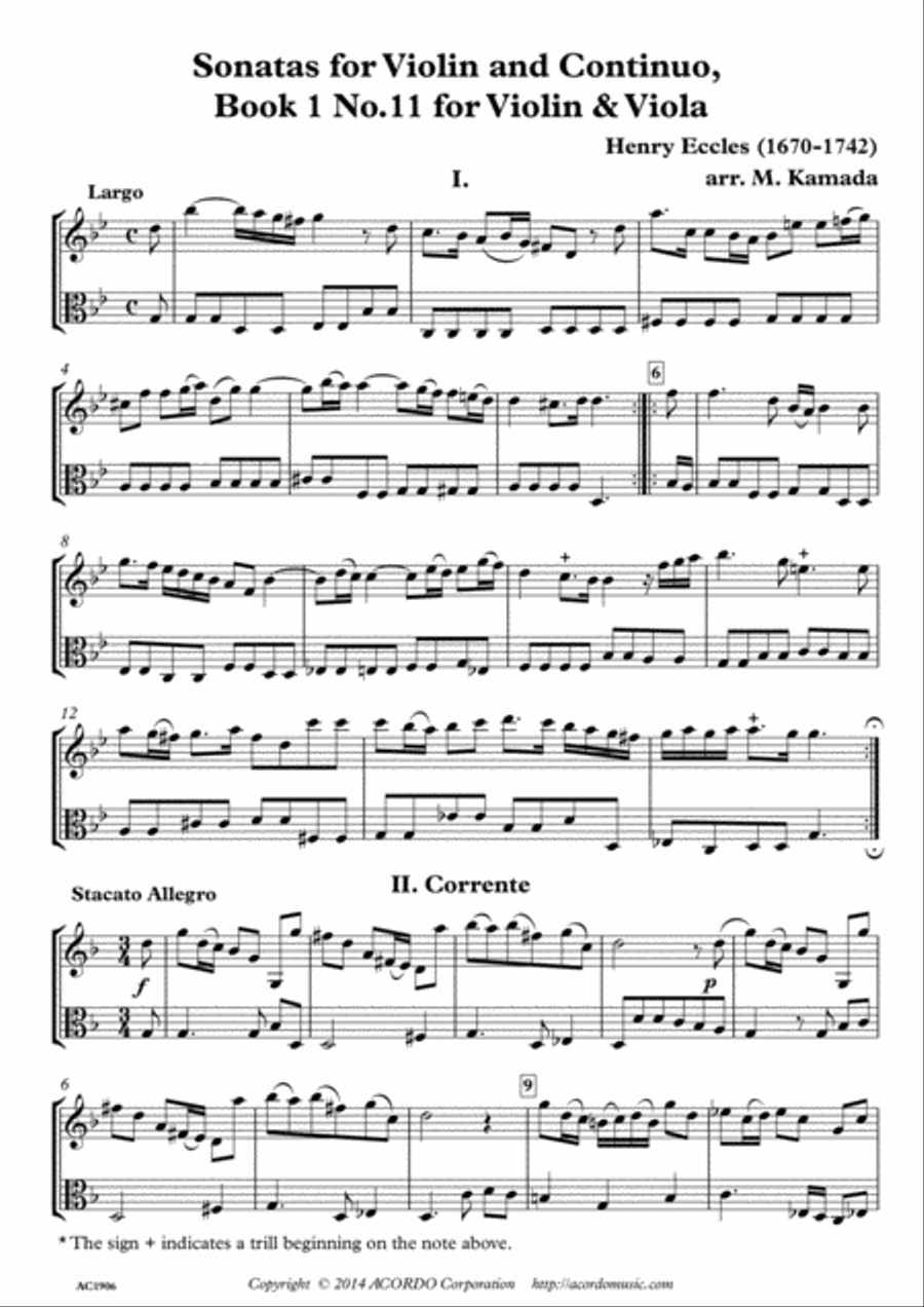 Sonatas for Violin and Continuo, Book 1 No.11 for Violin & Viola String Duet scores gallery preview page 1