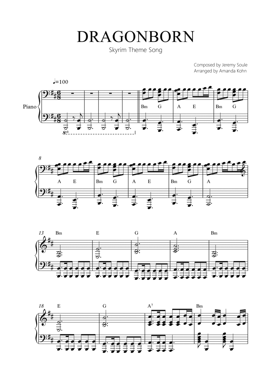 Dragonborn (skyrim Theme) Piano Solo scores gallery preview page 1
