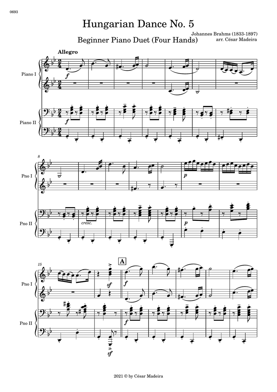 Hungarian Dance No.5 by Brahms - Easy Piano Four Hands (Full Score and Parts) Chamber Music scores gallery preview page 2