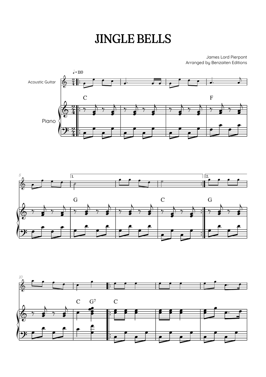 Jingle Bells • Christmas Song | acoustic guitar sheet music w/ piano accompaniment [chords] Acoustic Guitar scores gallery preview page 1