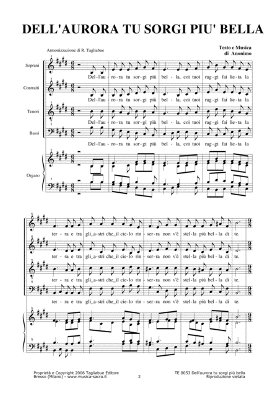 DELL'AURORA TU SORGI PIU' BELLA - Arr. for SATB Choir and Organ 4-Part scores gallery preview page 2