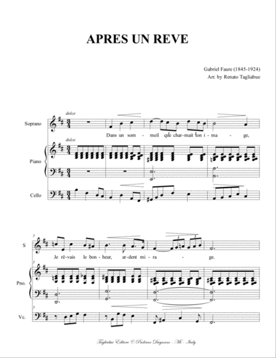 APRES UN REVE - Faure - Arr. for Alto (or Baritone), Piano (and Cello ad libitum) Small Ensemble scores gallery preview page 2