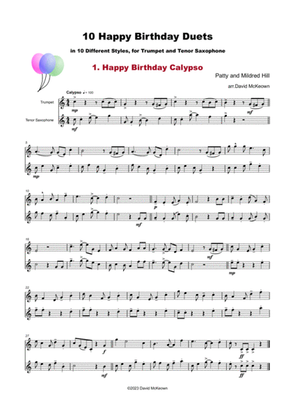10 Happy Birthday Duets, (in 10 Different Styles), for Trumpet and Tenor Saxophone