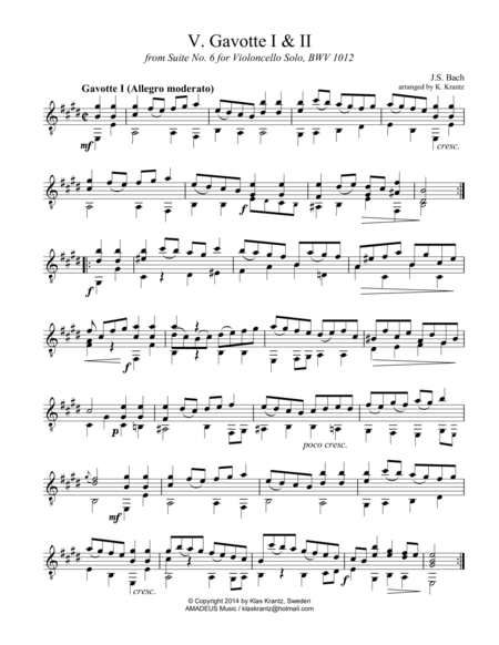 Gavotte 1 & 2 BWV 1012 for guitar solo image number null