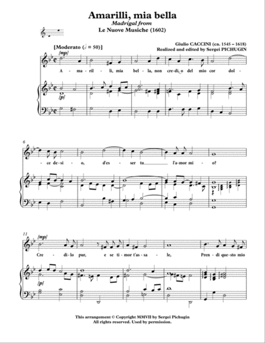 CACCINI Giulio: Amarilli, mia bella, aria, arranged for Voice and Piano (G minor) Small Ensemble scores gallery preview page 3