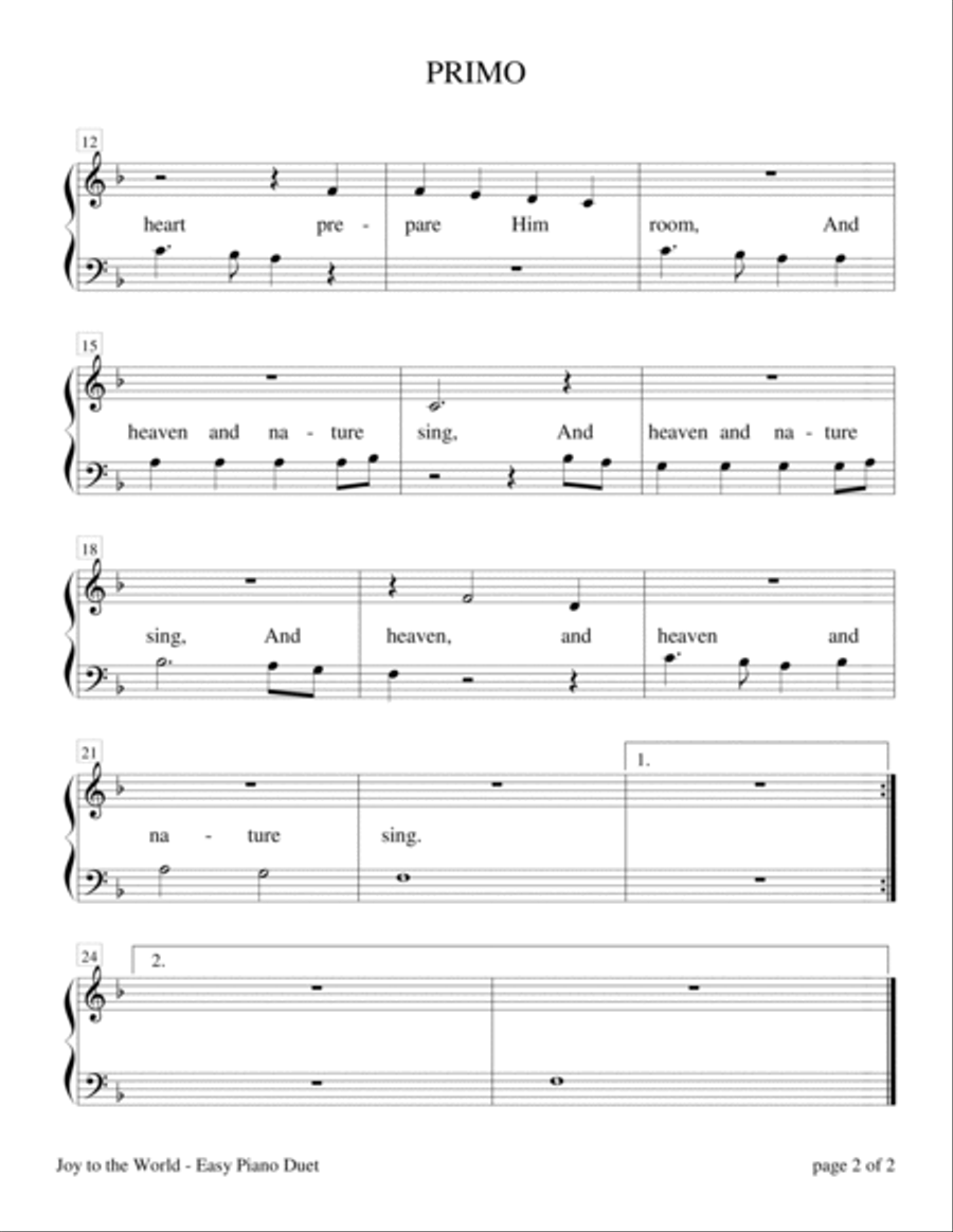 Joy to the World (Easy Piano Duet; 1 Piano, 4 Hands) Easy Piano scores gallery preview page 3