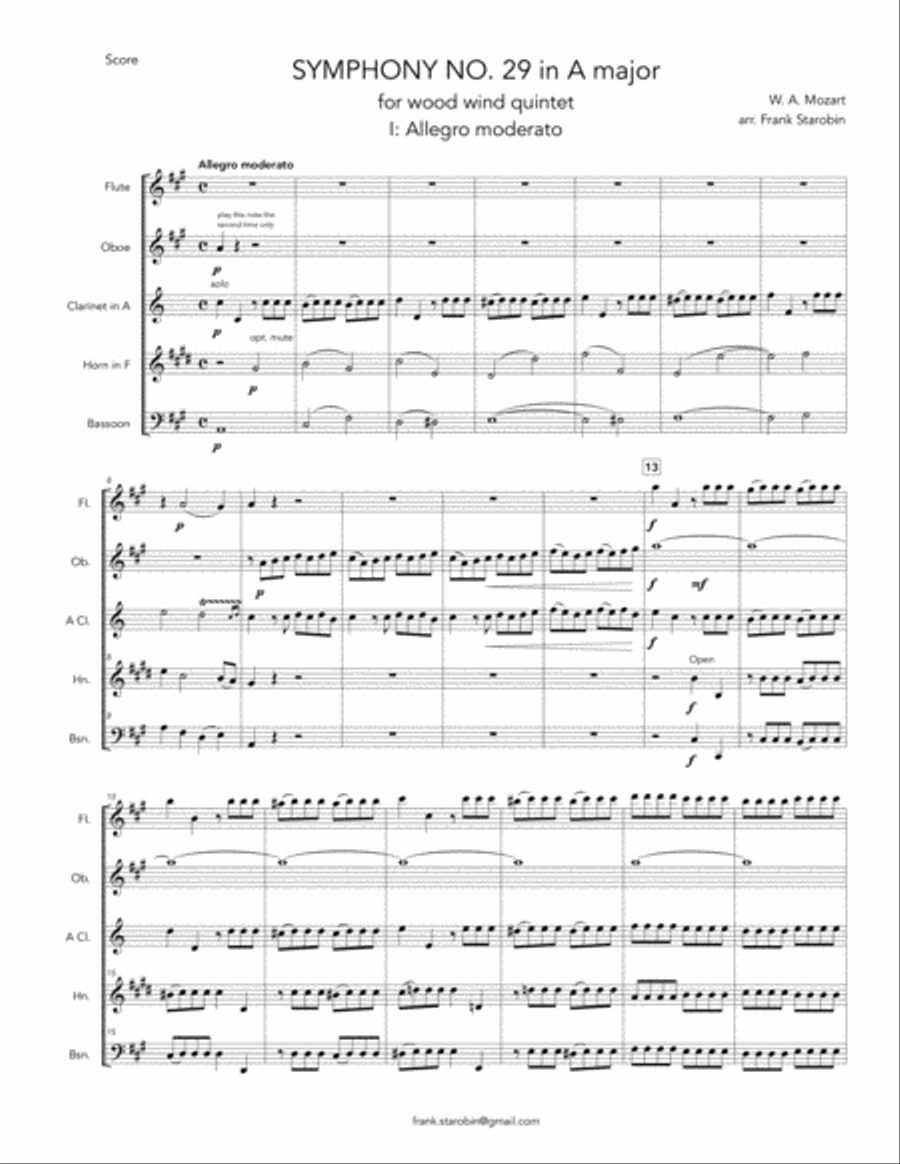 Mozart's Symphony No. 29 for Woodwind Quintet Woodwind Quintet scores gallery preview page 3