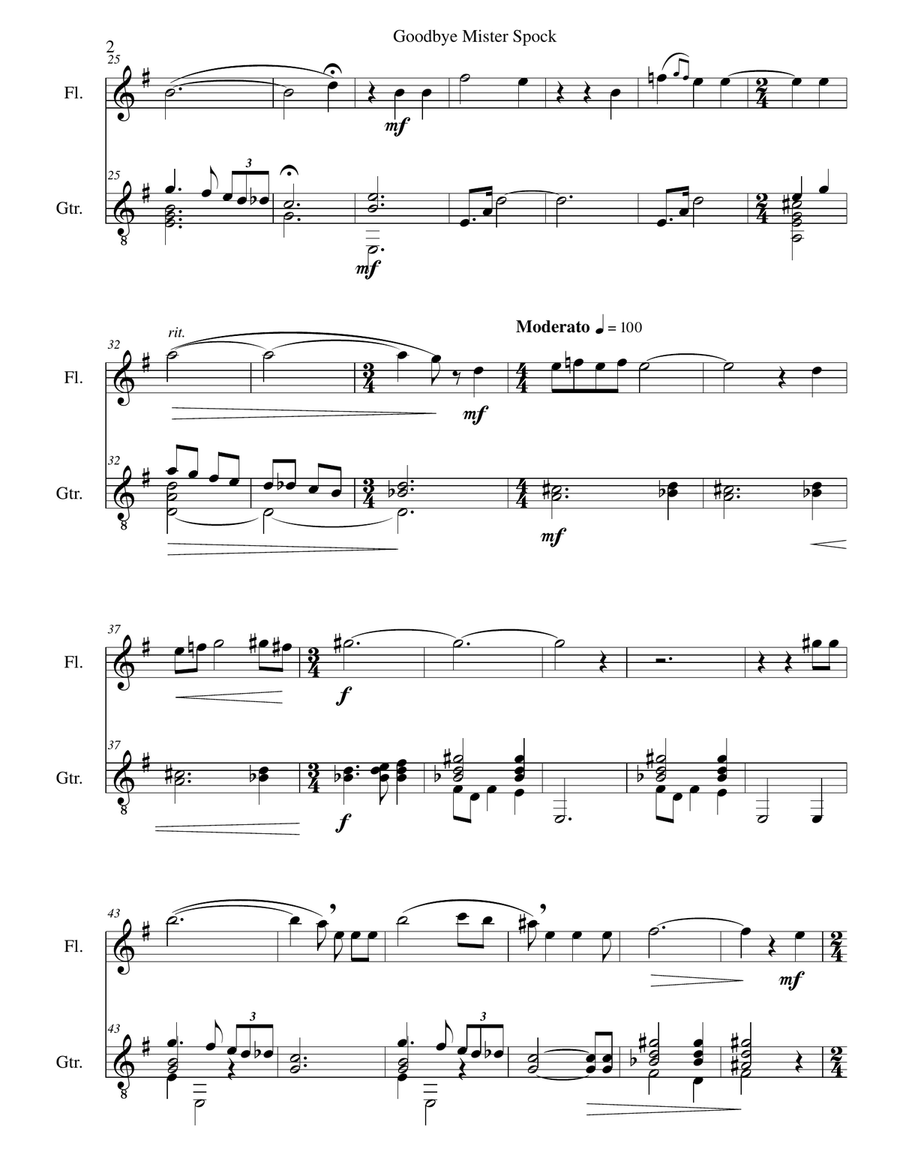 Goodbye Mister Spock for flute and guitar Flute scores gallery preview page 2