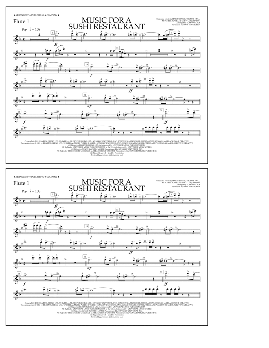 Music For A Sushi Restaurant (arr. Tom Wallace) - Flute 1 Marching Band scores gallery preview page 1
