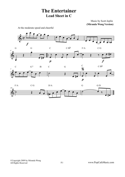 The Entertainer - Lead Sheet in C Key