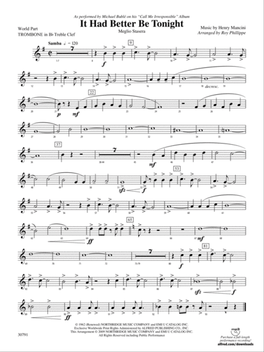 It Had Better Be Tonight (Meglio Stasera): (World Part) 1st B-flat Trombone T.C. Concert Band scores gallery preview page 1