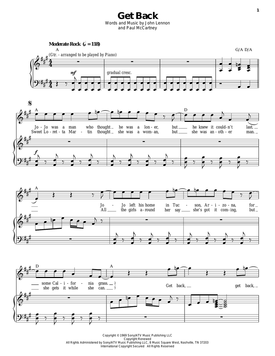 Get Back Piano, Vocal scores gallery preview page 1