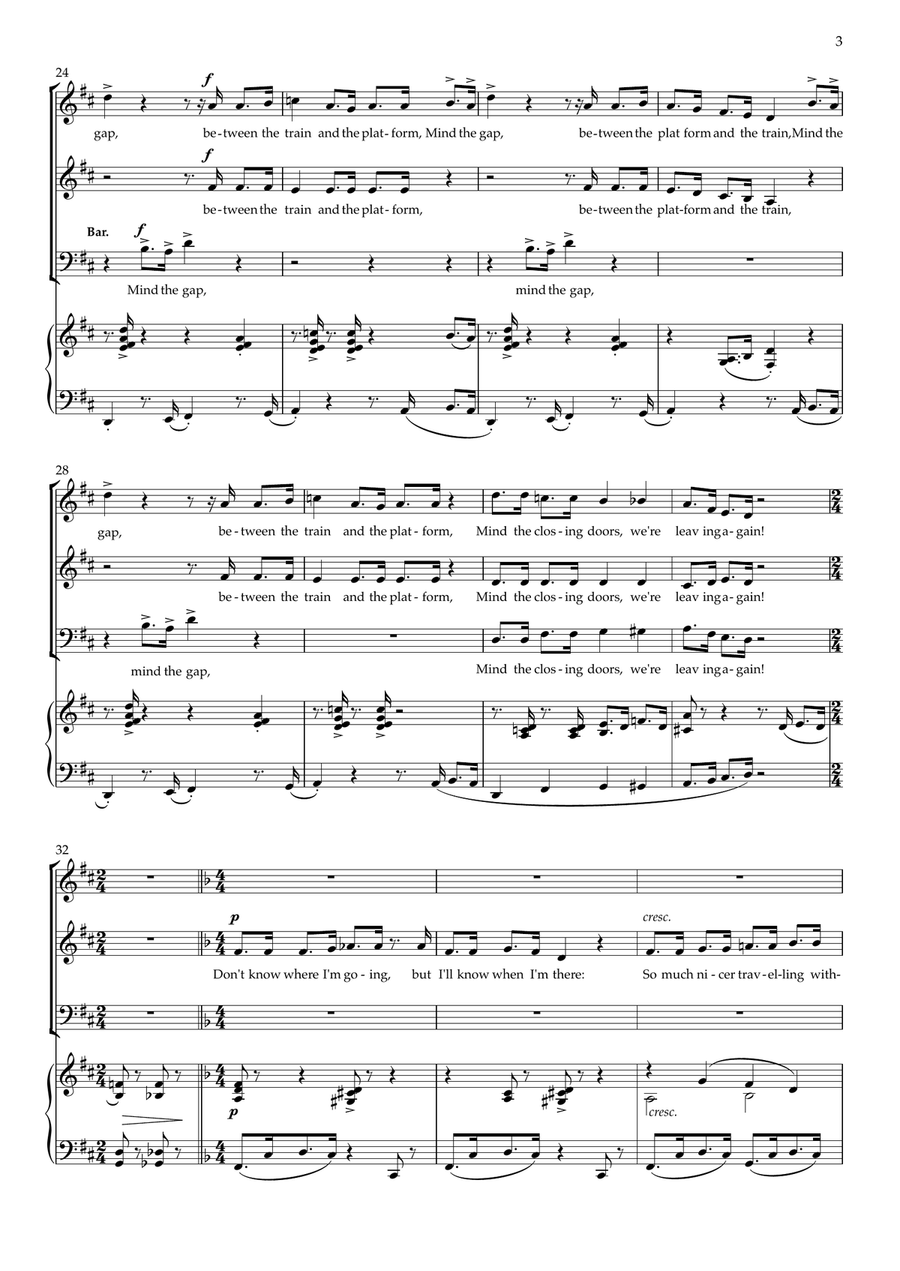 Mind the Gap! (mixed voices SABar, and piano) 3-Part scores gallery preview page 3