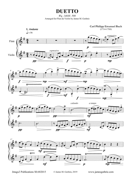 CPE Bach: Duetto Wq. 140 for Flute & Violin Duo image number null