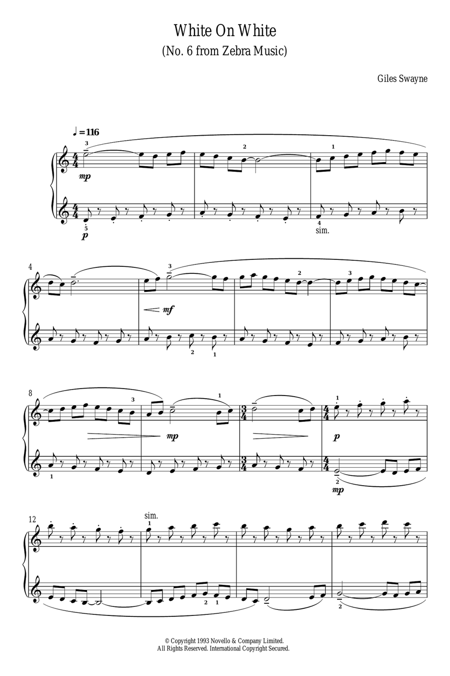 White On White (No. 6 from Zebra Music) Piano Solo scores gallery preview page 1